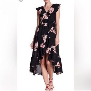 Soprano Black Floral Faux Wrap Fairy Midi Dress Women's Size Medium